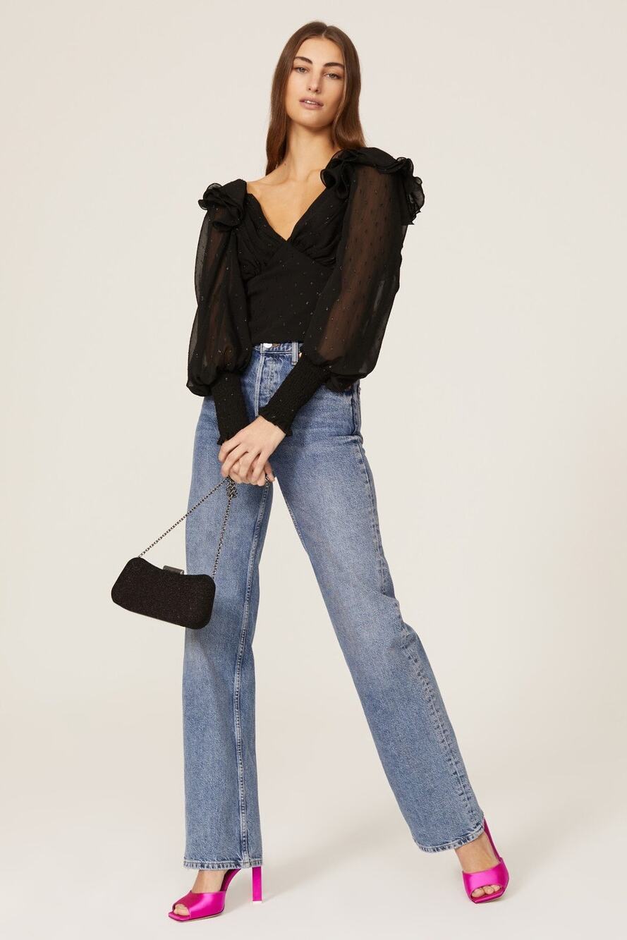 Hutch Anthropologie Reni Black Ruffled Blouson Sleeve Clipdot Chiffon Top Size M